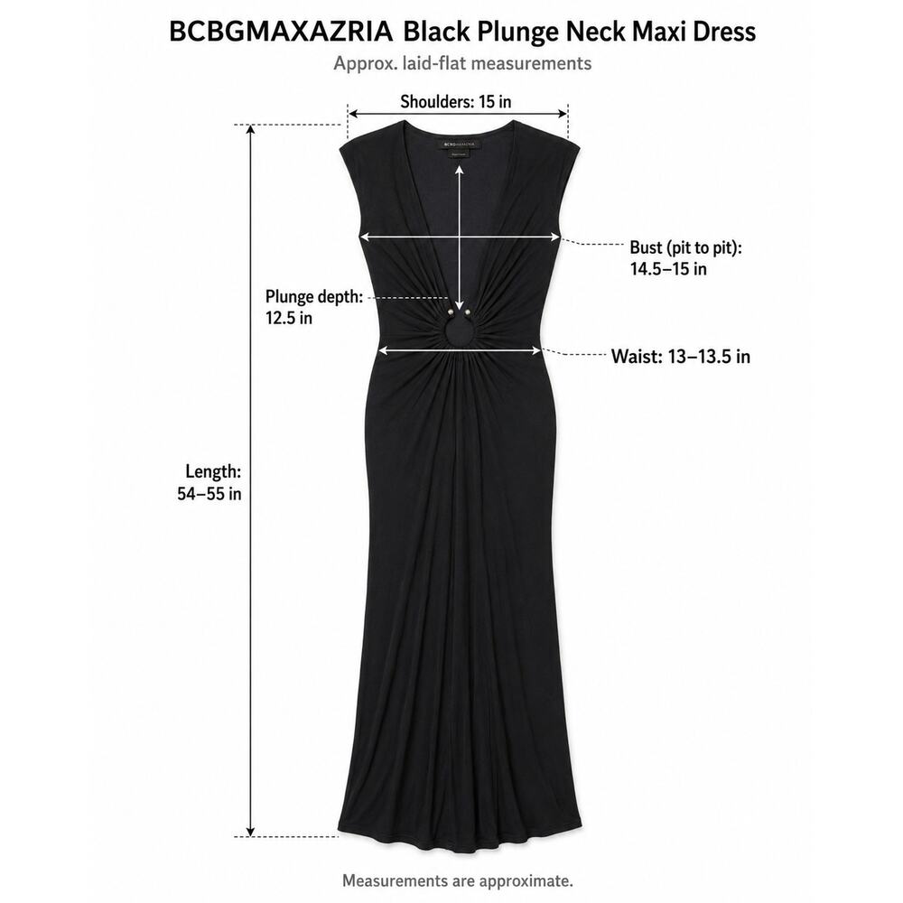 BCBGMAXAZRIA Black Rayon Plunge Neck Ruched Maxi Dress Size M Y2K - Picture 6 of 9